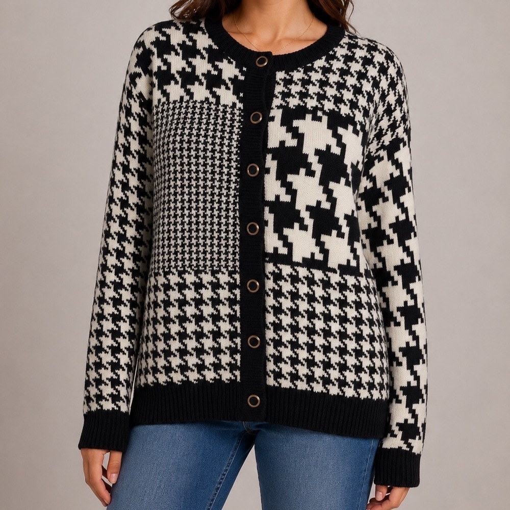 Allison Smith Wool Blend Houndstooth Cardigan Small Oversized Grandpa Sweater